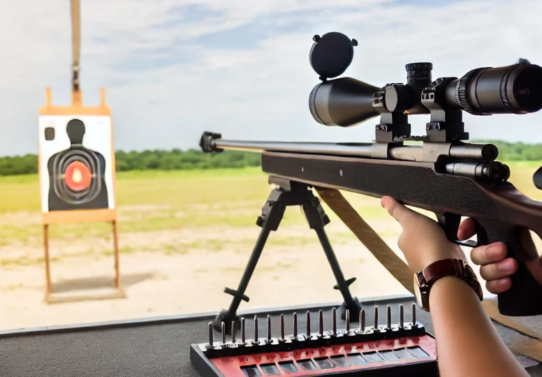 DALL·E 2024-12-06 18.44.25 - A shooter at a benchrest competition, using a high-precision rifle mounted on a stable bench with advanced adjustment tools. The scene includes a dist